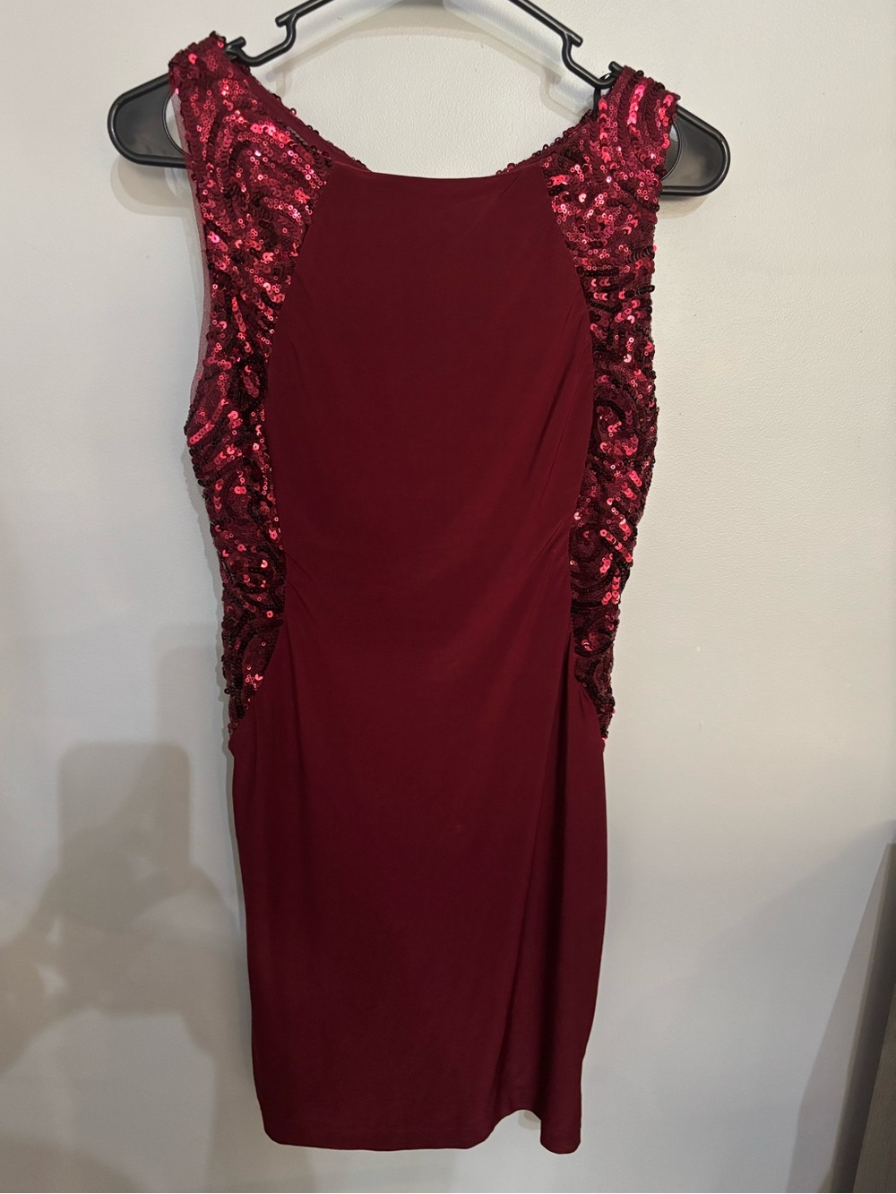 B Darlin Burgundy Sequin-Panel Dress